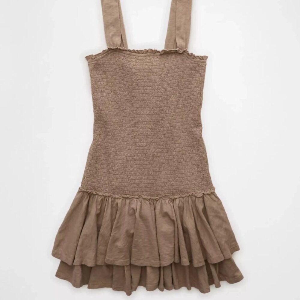American Eagle AE Sunchaser Knit Smocked Drop Waist Mini Dress Size XL Brown